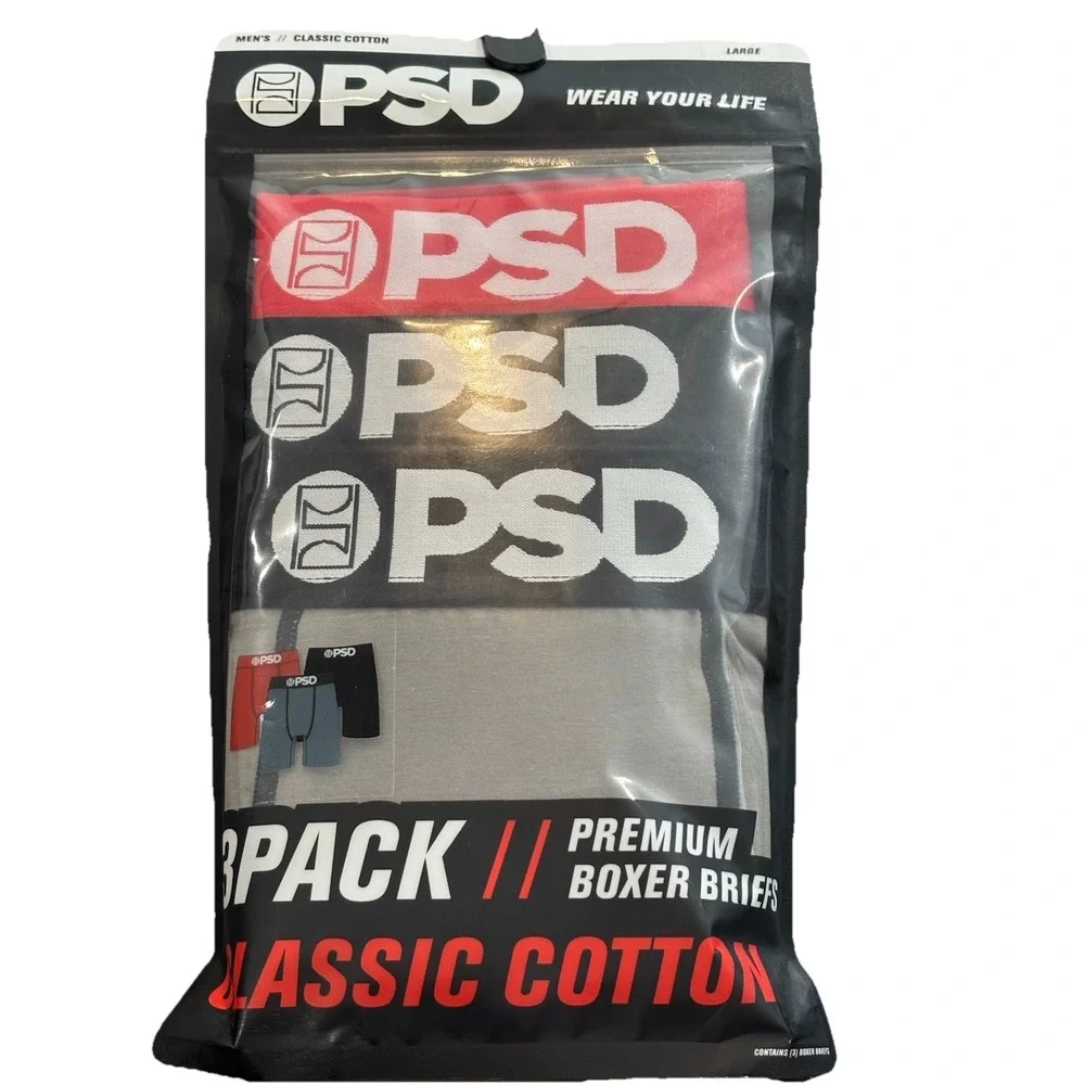 PSD 3 Pack Premium Boxer Briefs Core Men's Large Red,Grey,Black NIB NEW - Picture 1 of 6